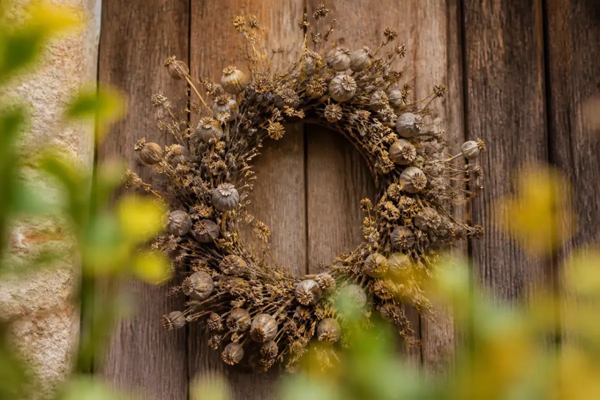 Couronne decorative ornee de capsules seches et petites brindilles