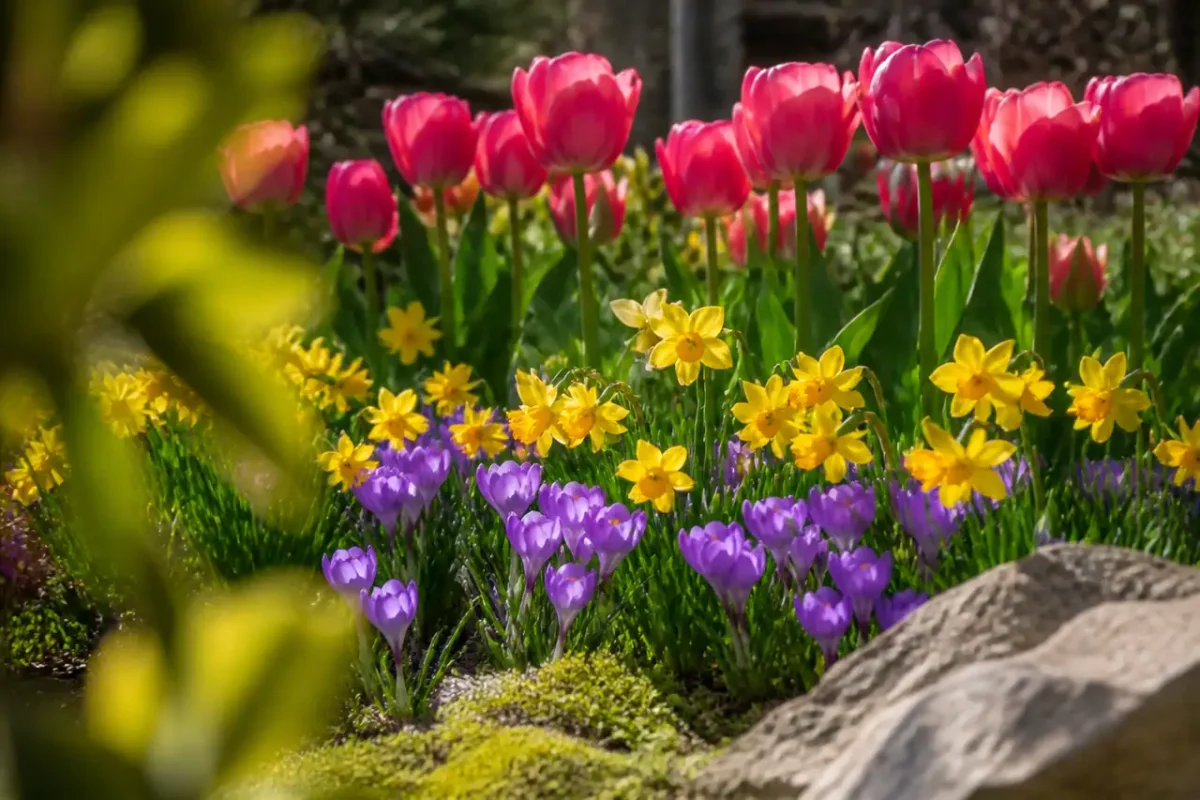 Crocus violets et narcisses jaunes au pied des tulipes