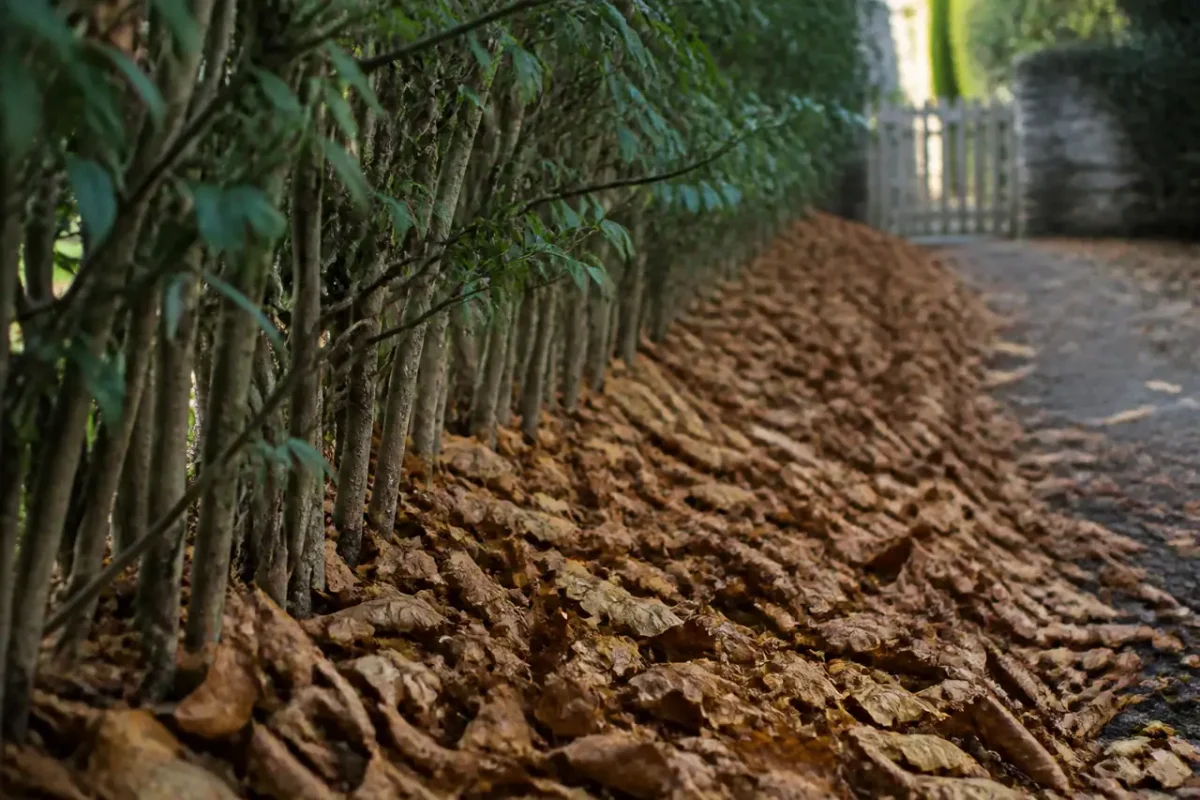 Feuilles mortes brunes couvrant le sol sous la haie
