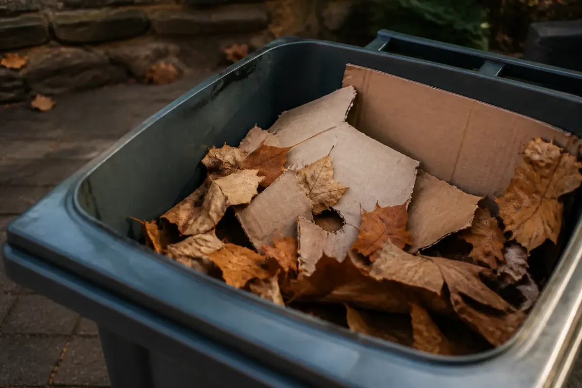 Feuilles mortes et carton dechire dans un bac