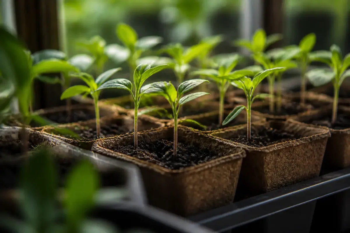 Fines plantules vertes poussant dans des godets en terreau