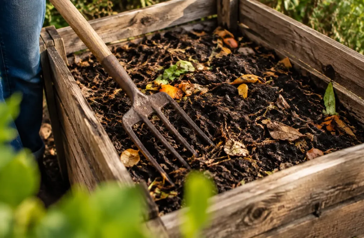 Fourche posee contre bac en bois rempli de compost