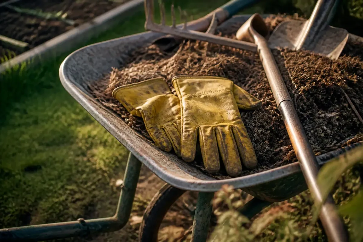 Gants jaunes et outils sur une brouette