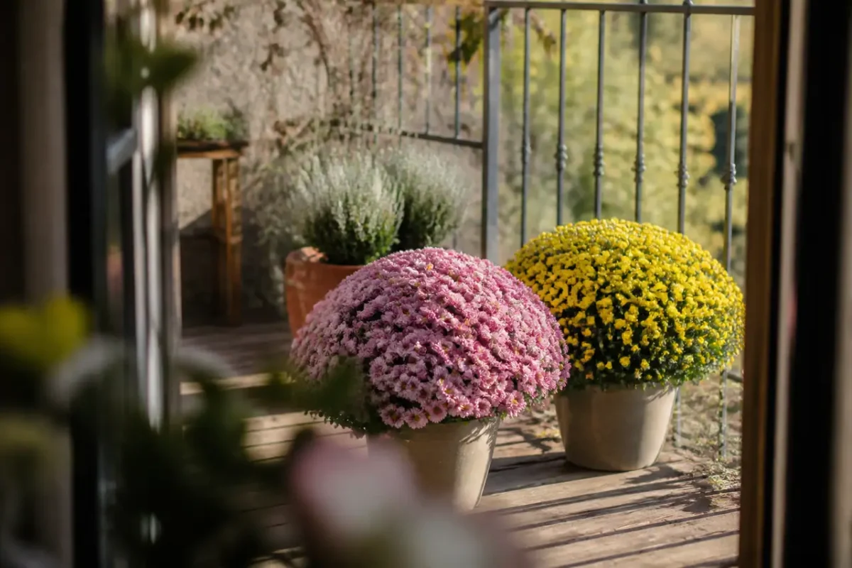 Godets de chrysanthemes roses et jaunes sur une terrasse