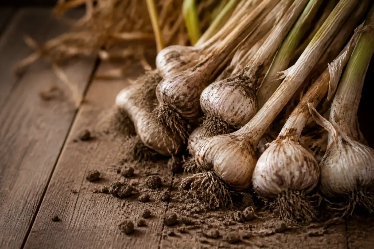 Gousses d'ail fraiches et terre sur table en bois