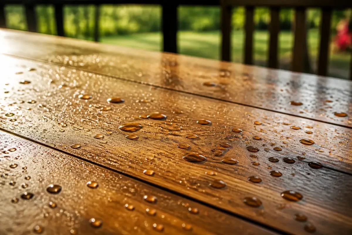 Gouttes perlant sur une planche de bois huilee