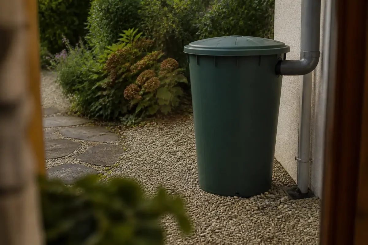 Grand bac plastique vert sur gravier, gouttiere reliee