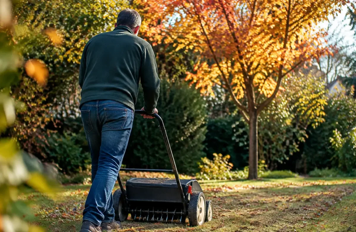 Homme pousse un scarificateur sur pelouse jaunie en automne