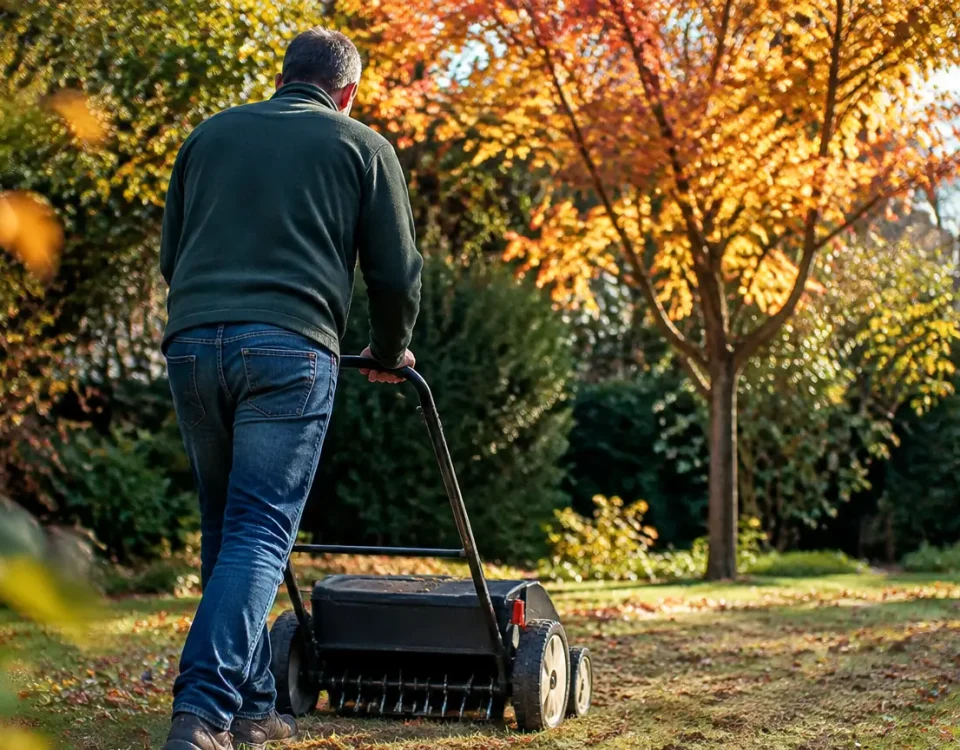 Homme pousse un scarificateur sur pelouse jaunie en automne