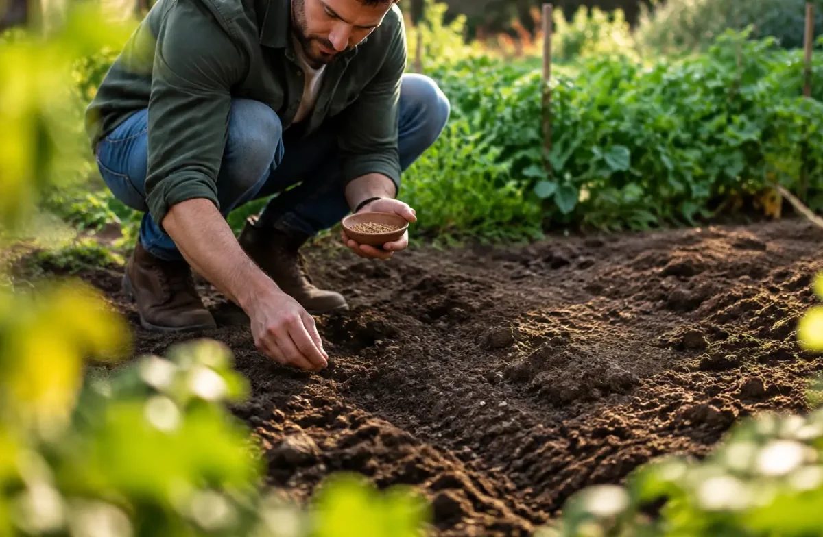 Jardinier accroupi semant des graines dans un sol nu