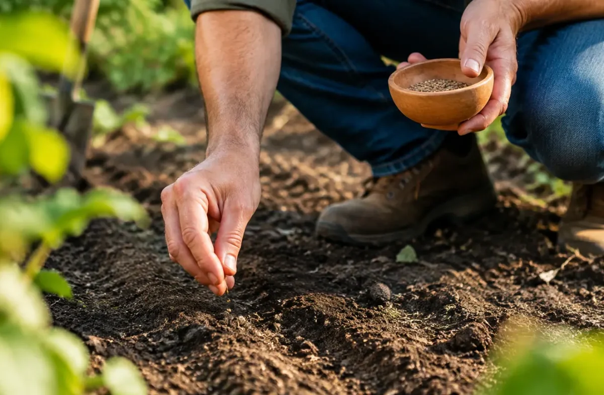Jardinier accroupi semant des graines sur terre nue