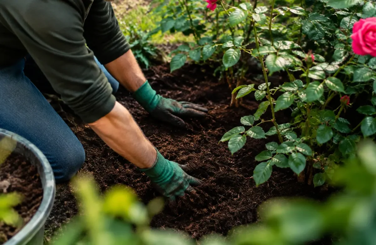 Jardinier agenouille etale compost brun au pied des rosiers