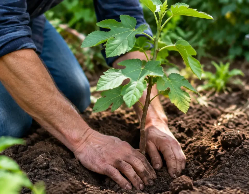 Jardinier agenouille plantant un jeune figuier dans la terre