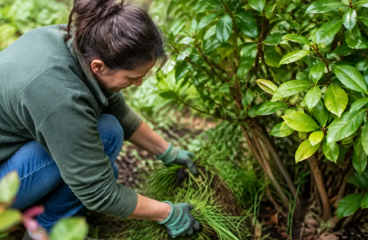 Jardinier accroupi arrache touffes vertes au pied du buisson