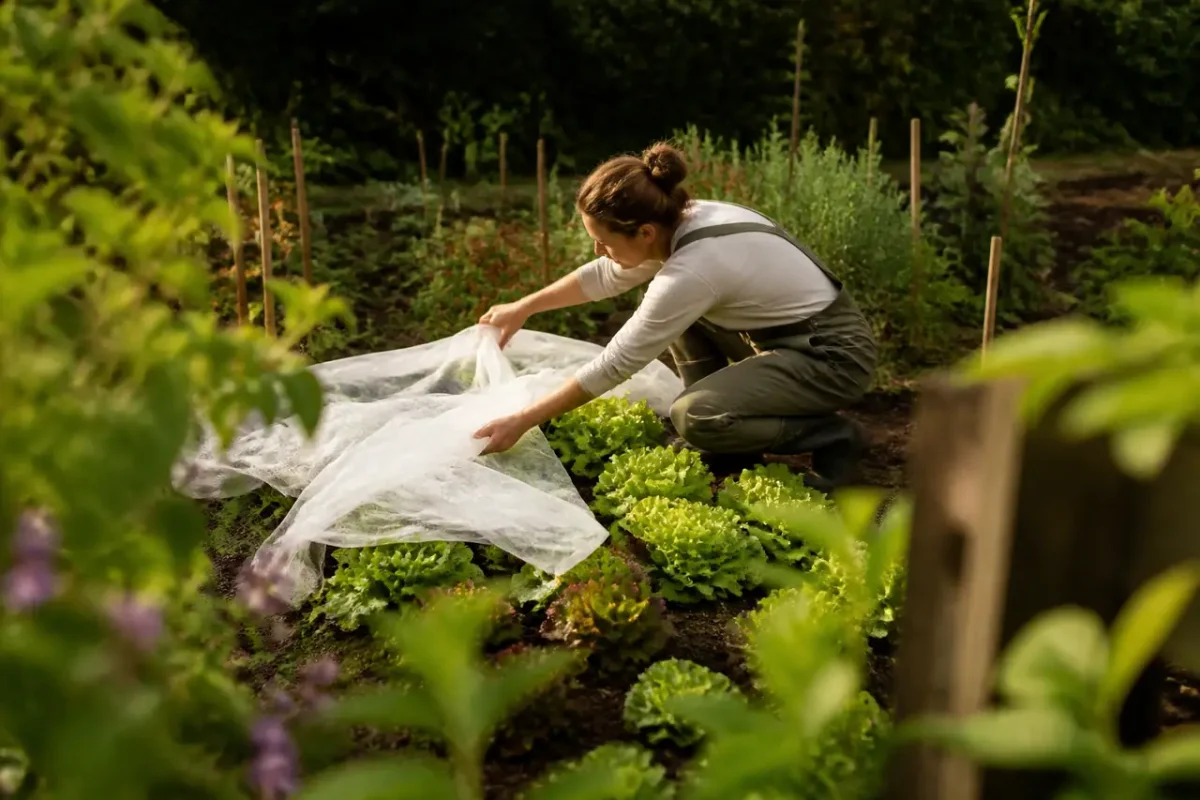 Jardinier couvre des salades avec un voile blanc