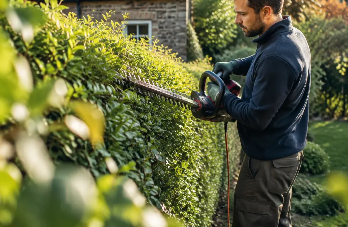 Jardinier debout taille une haie avec une cisaille electrique