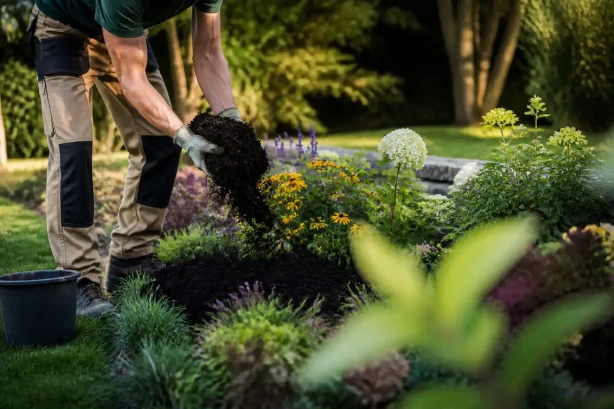 Jardinier etalant compost noir dans massif fleuri