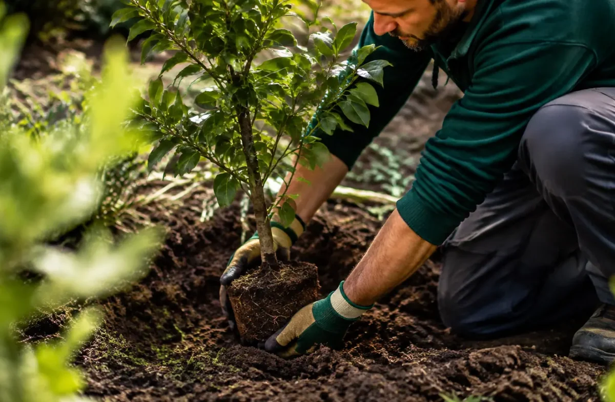 Jardinier gante tient un arbre pres du sol