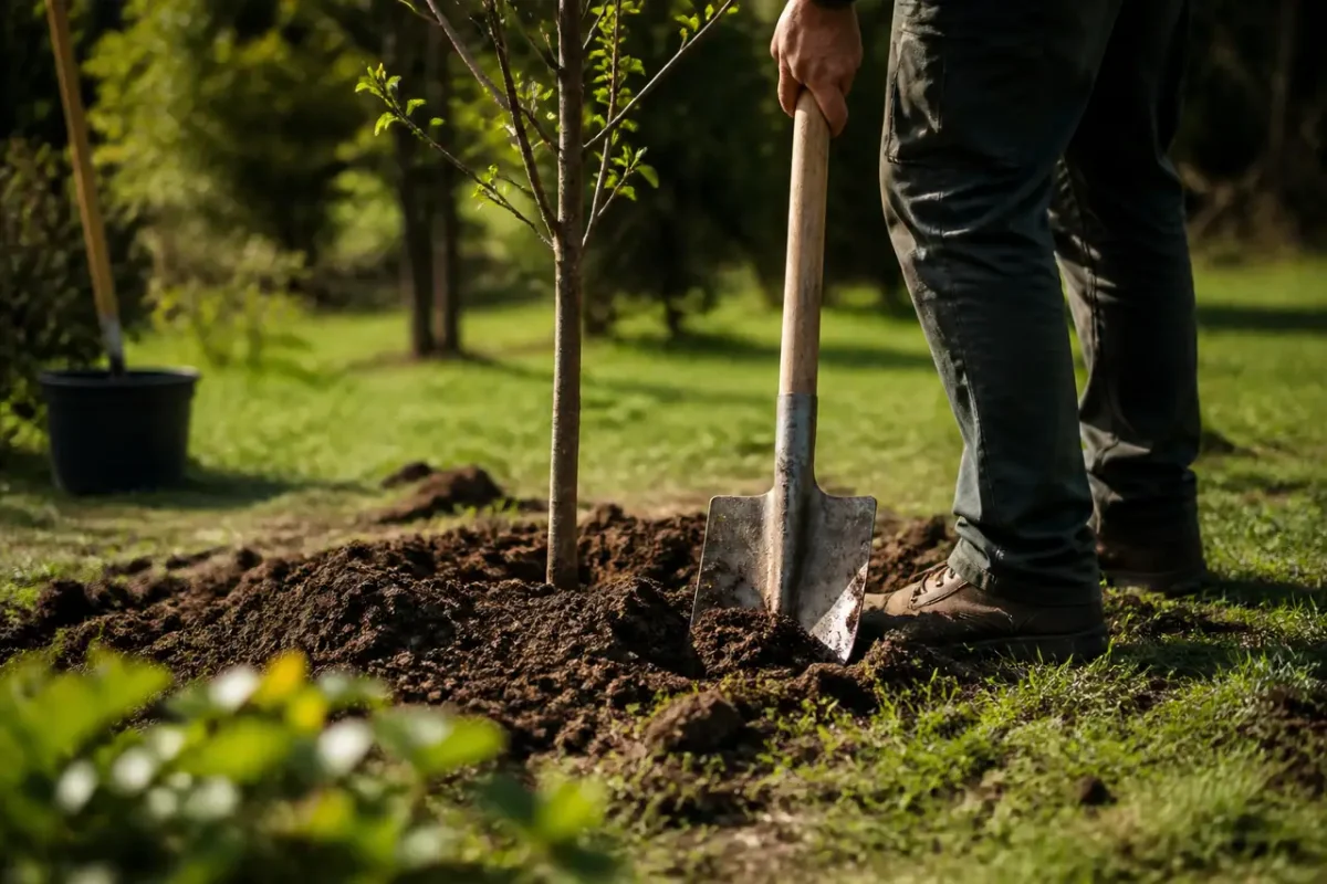 Jardinier avec une pelle au pied du jeune arbre