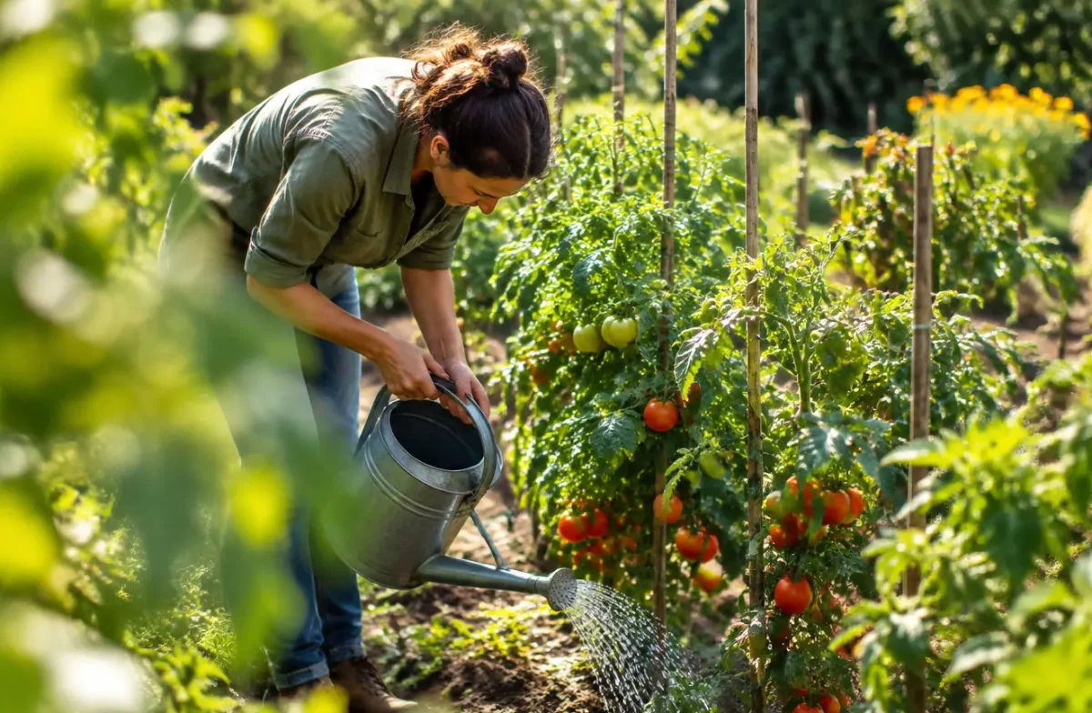 Jardinier penche arrosant des rangs de tomates au soleil