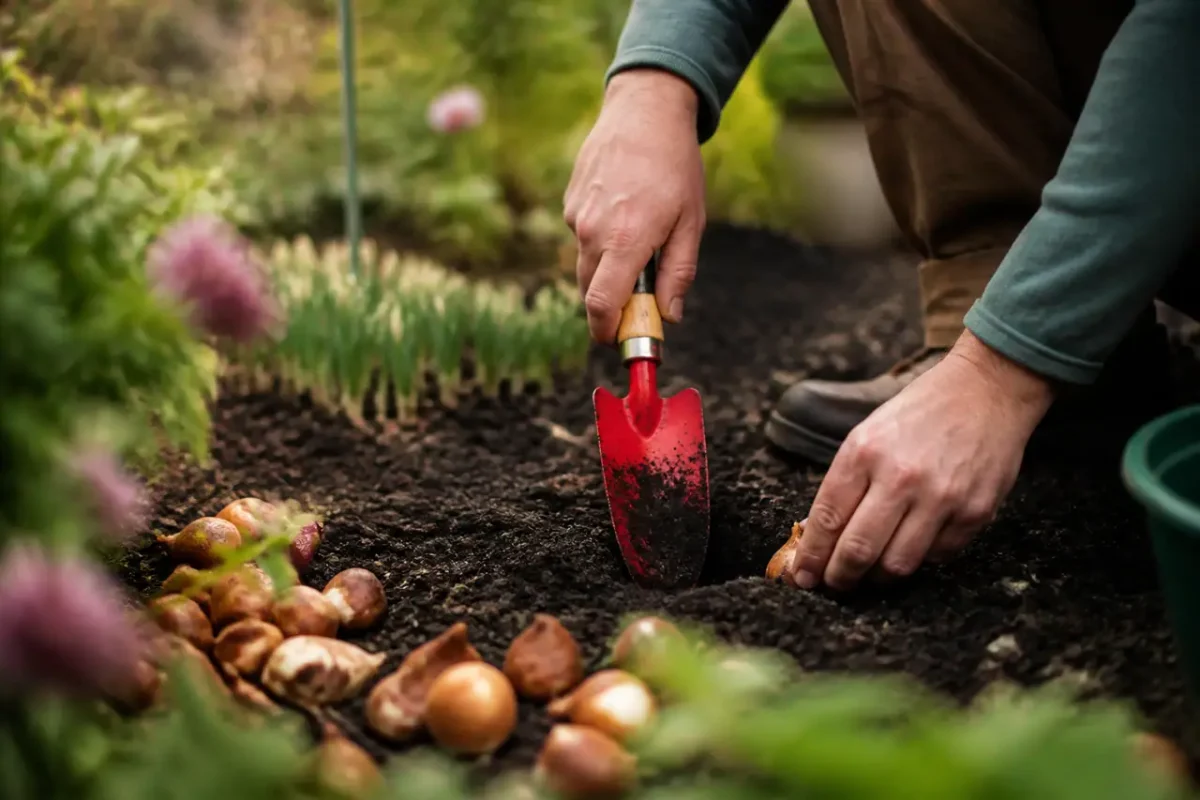 Jardinier plantant bulbes dans terre brune avec truelle rouge