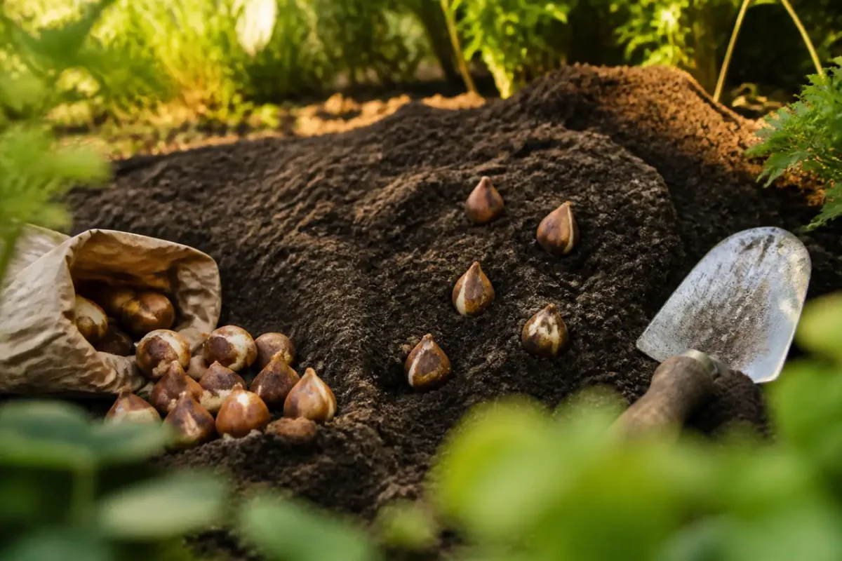 Jardinier plante des bulbes dans une butte de terre