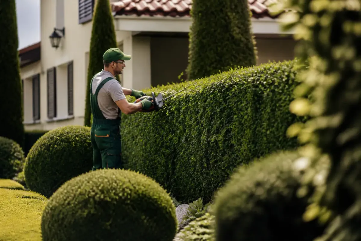Jardinier professionnel taillant une haie devant une maison familiale