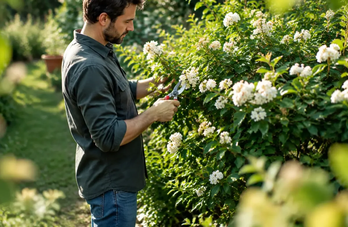 Jardinier debout tenant un secateur devant un arbuste fleuri