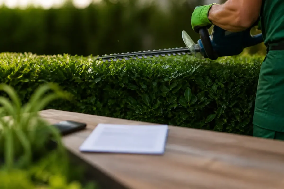 Jardinier taillant une haie avec facture posée sur table