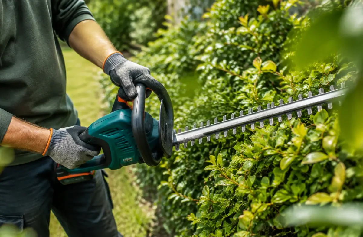 Jardinier debout tenant un taille-haie electrique contre feuillage vert