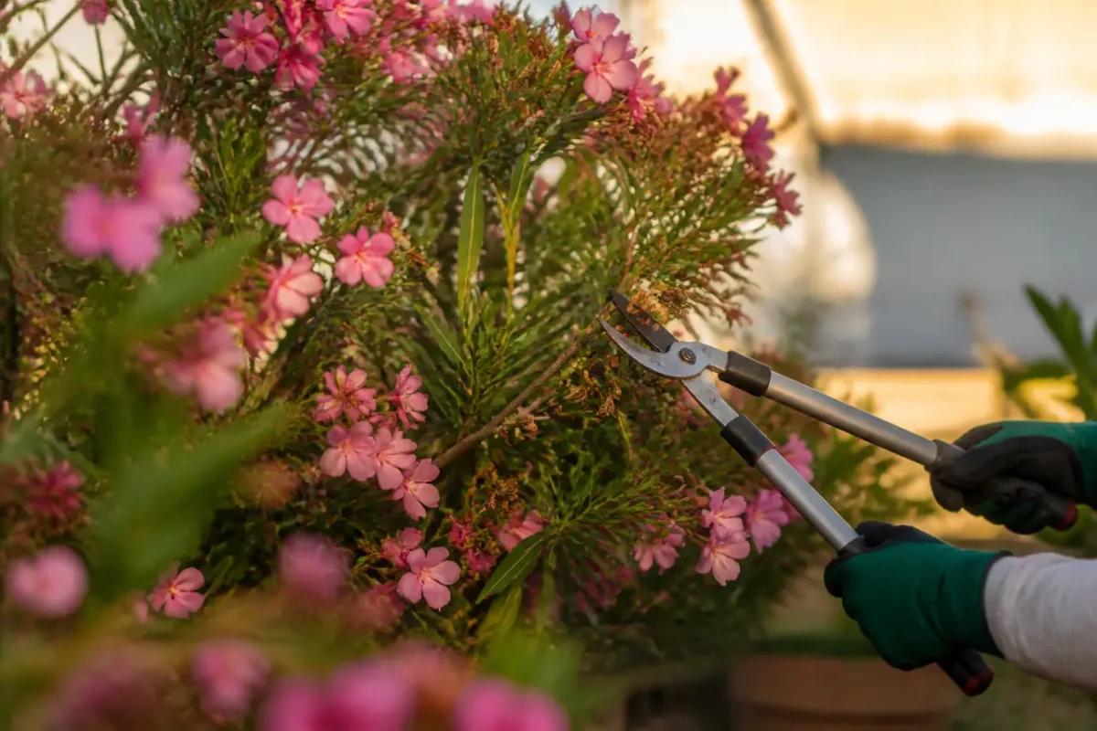 Jardinier gante taille un laurier rose au secateur