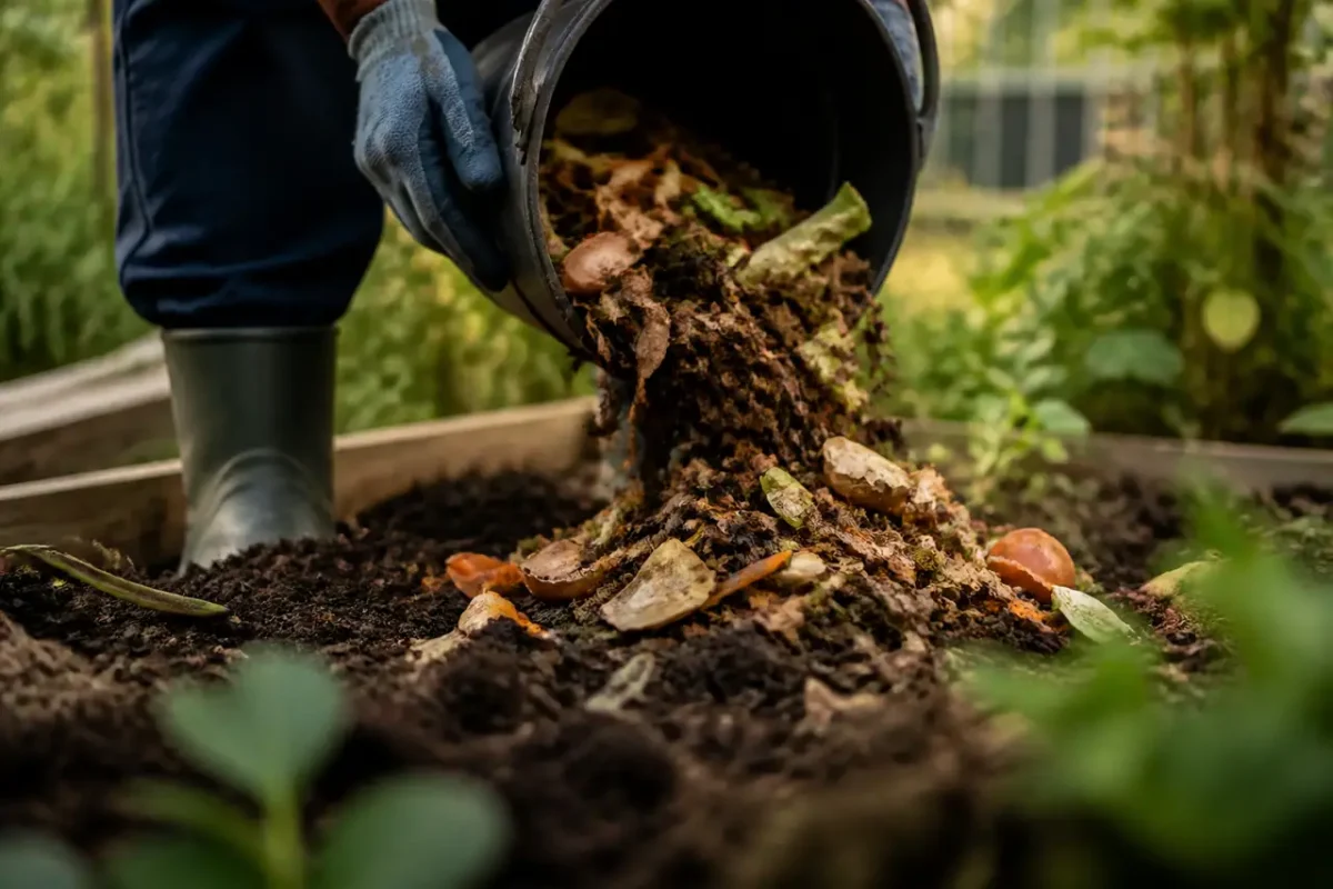 Jardinier versant du compost brun dans une terre meuble