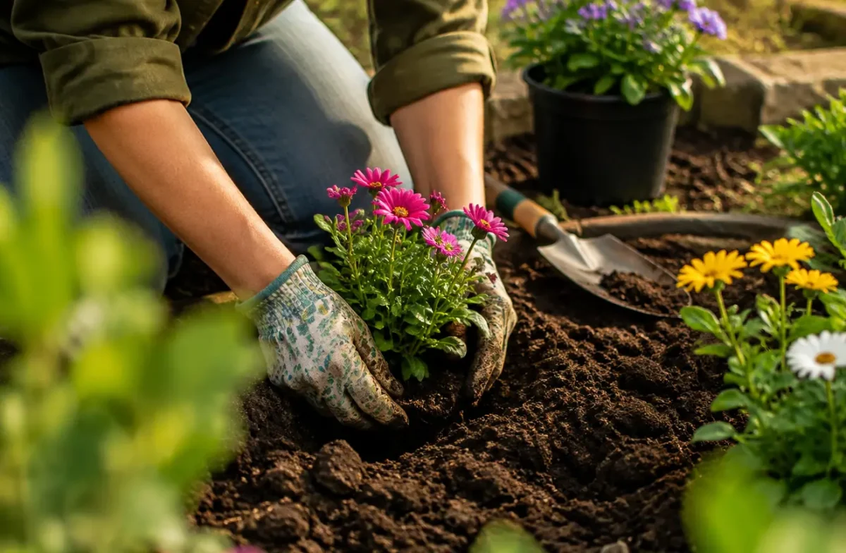 Jardiniere agenouillee glissant plants fleuris dans terre brune