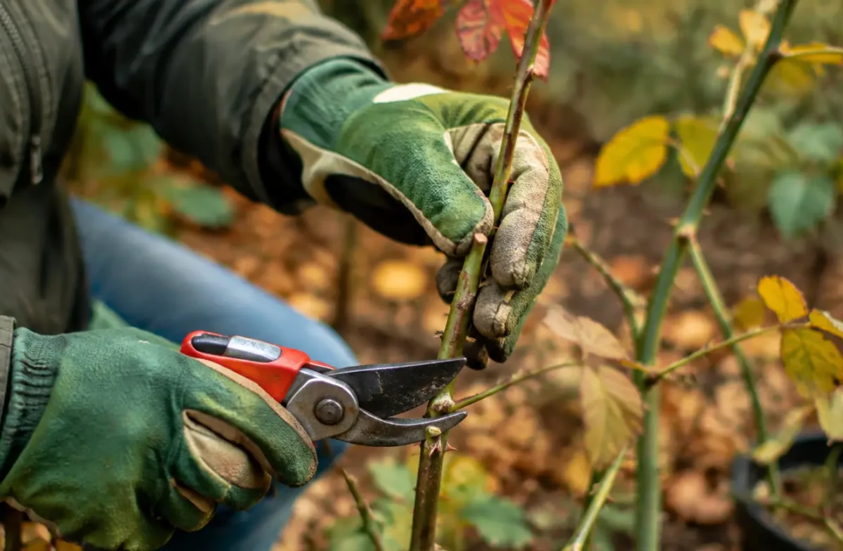 Jardiniere gantee taillant une tige de rosier en automne