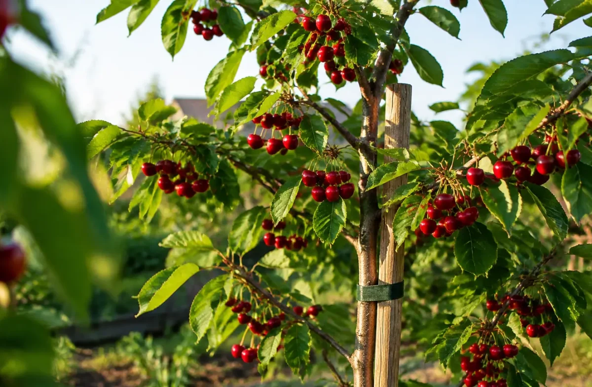 Jeune cerisier couvert de cerises rouges, tuteur en bois