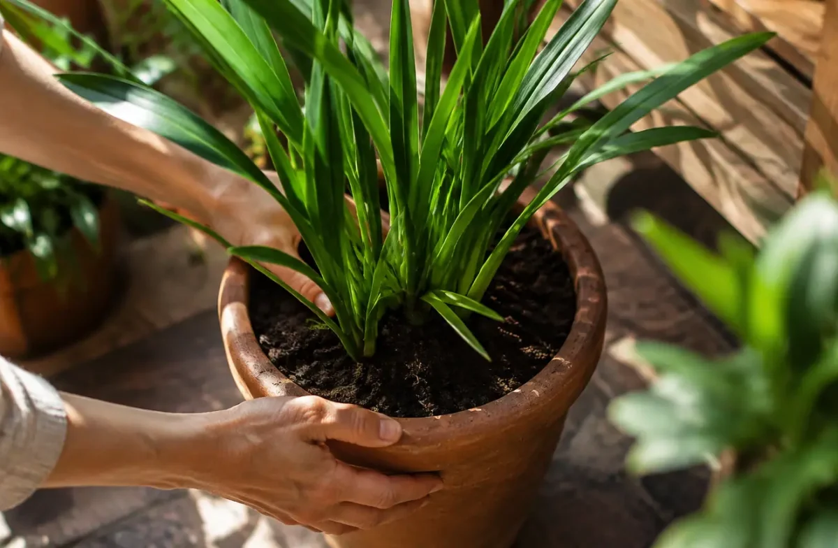 Jeune plant d'agapanthe en pot, longues feuilles vertes dressees