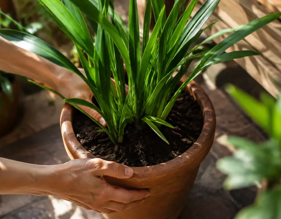 Jeune plant d'agapanthe en pot, longues feuilles vertes dressees