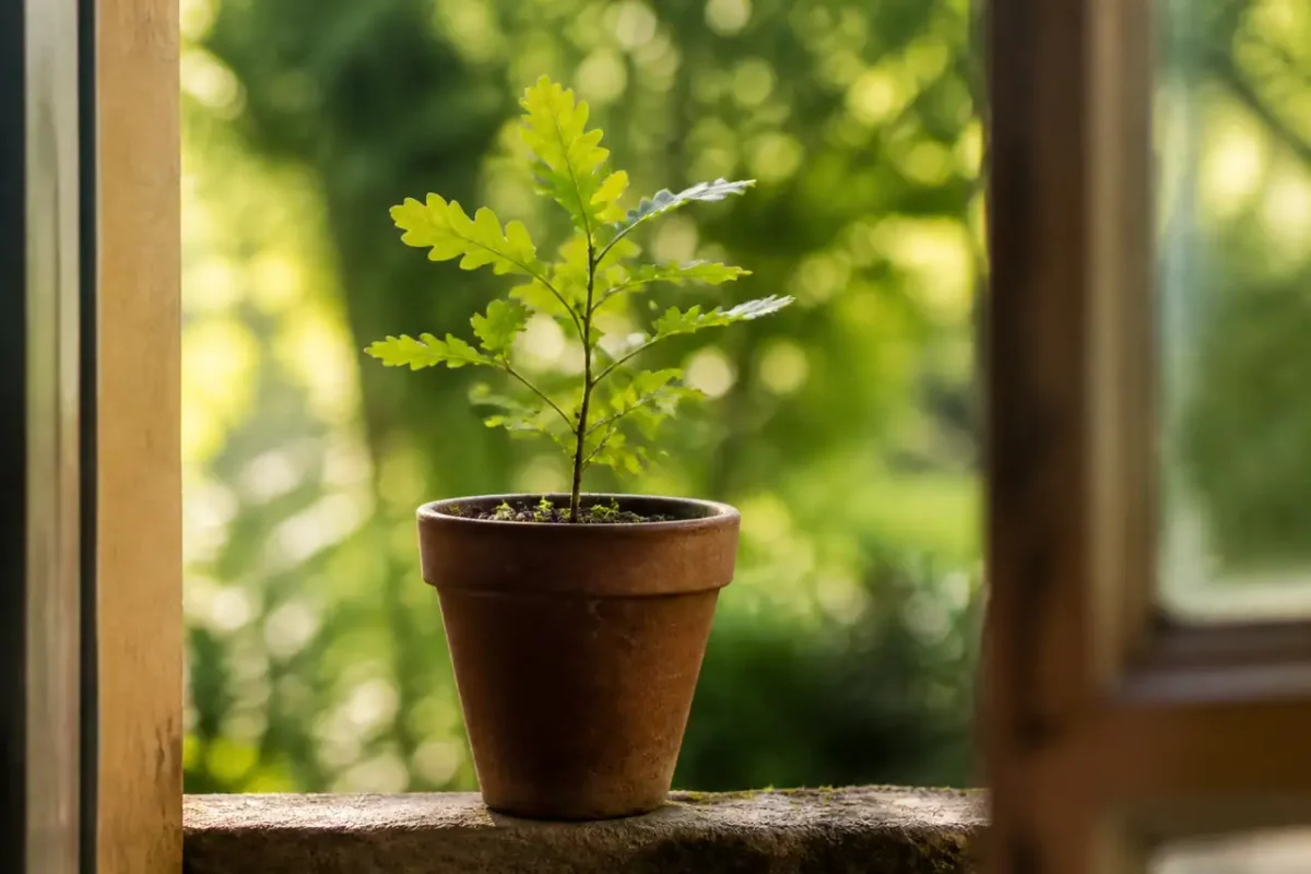 Jeune plant de chene dans seau brun en argile