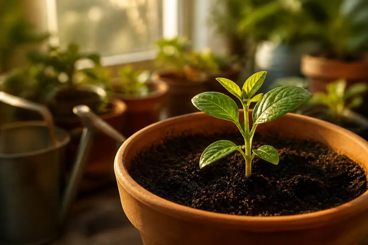 Jeune plant dans un pot, terre brune humide