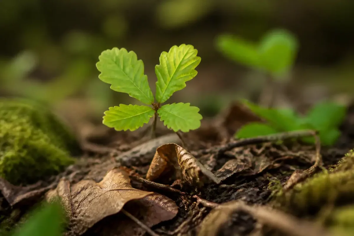 Jeune pousse de chene aux feuilles vertes