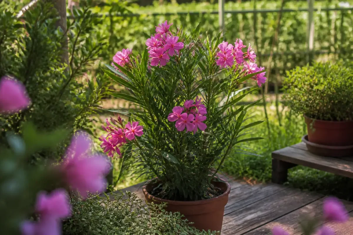 Jeune ragouminier aux fleurs roses dans un jardin ensoleille