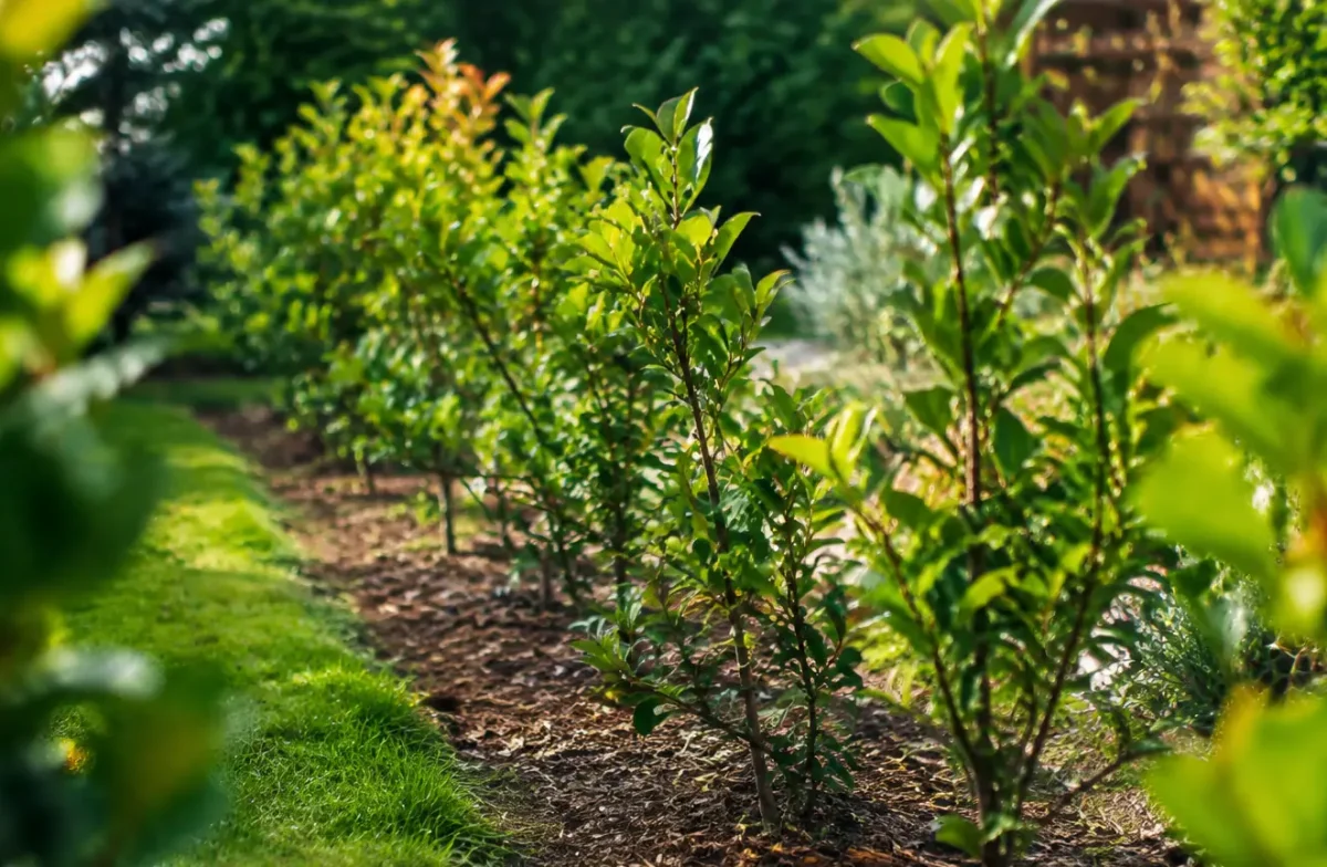 Jeunes arbustes feuillus alignes en rangee dans un jardin