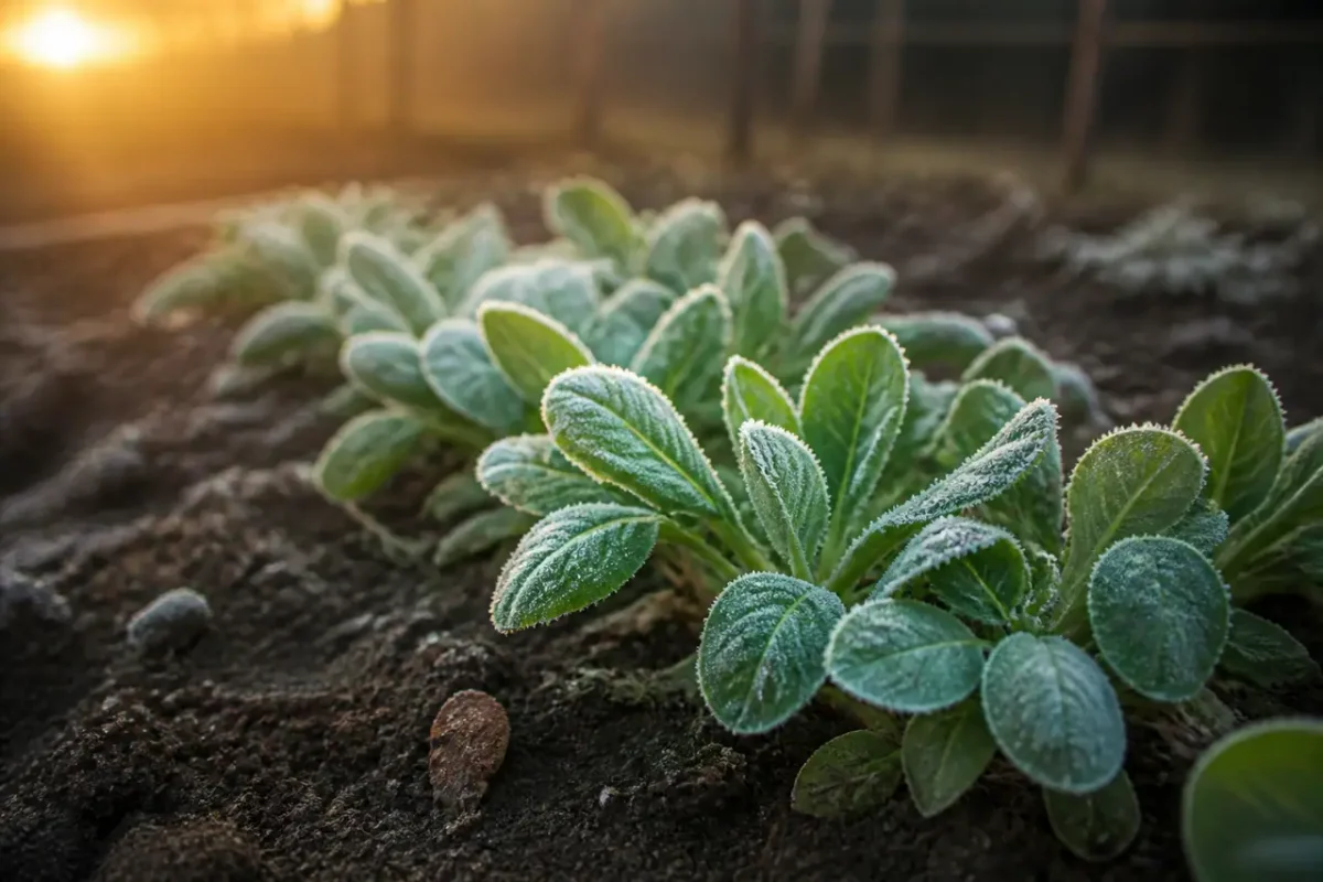 Jeunes plants de feves au jardin couverts de givre