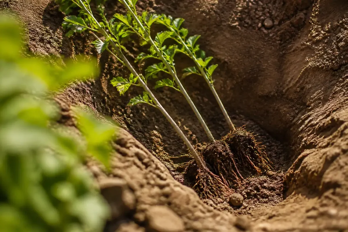 Jeunes plants inclines dans une fosse de terre brune