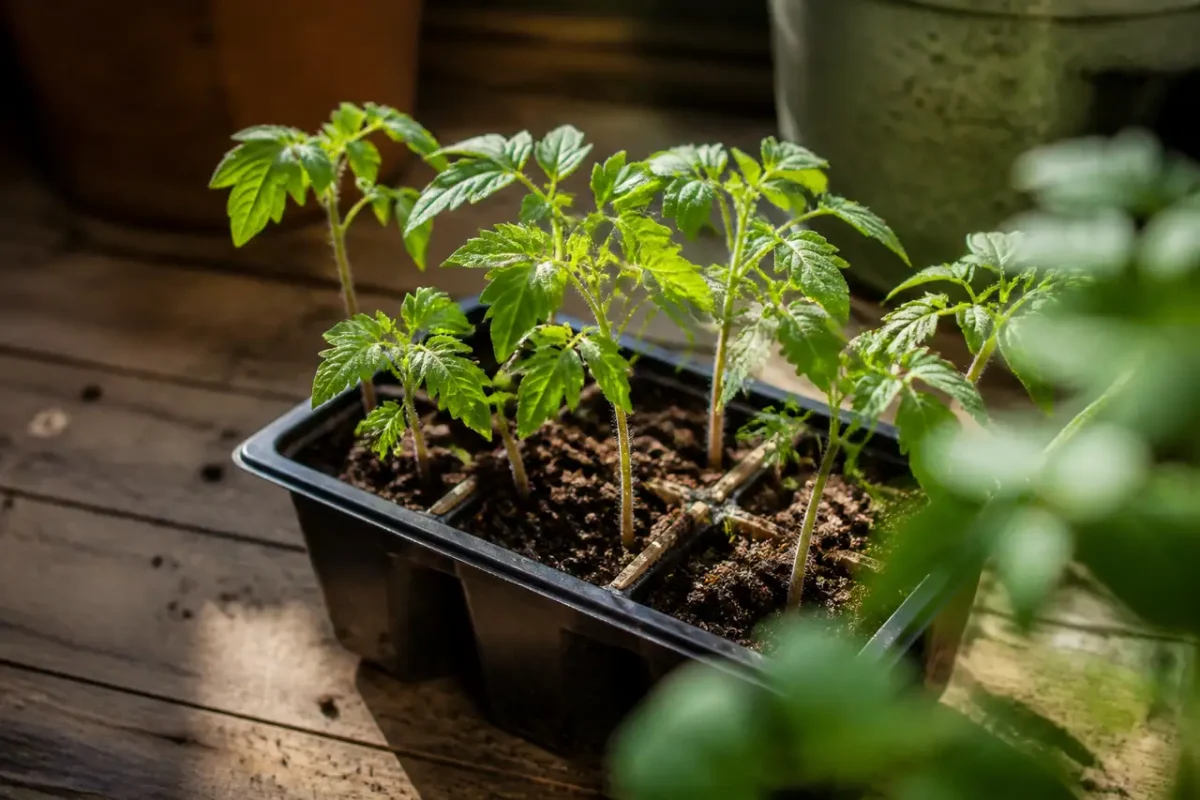 Jeunes plants de tomates dans un petit bac