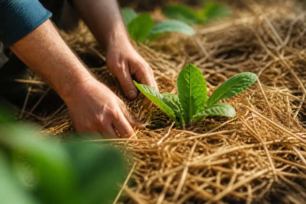 Jeunes plants verts entourés de paille dorée au jardin
