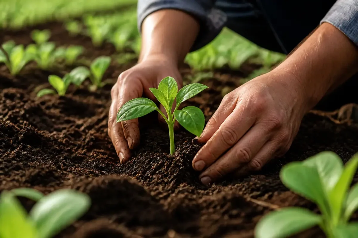 Jeunes plants verts repiques dans un sol brun humide