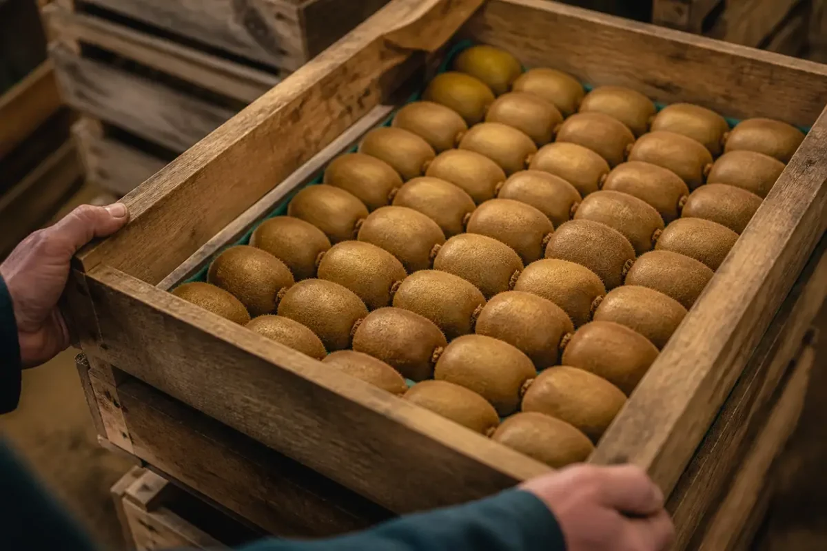 Kiwis fermes alignes dans une caisse en bois