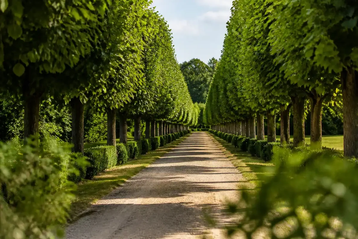 Longue allee rectiligne bordee de tilleuls tailles