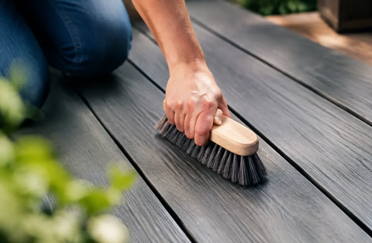 Main frottant doucement des lattes grises avec brosse souple